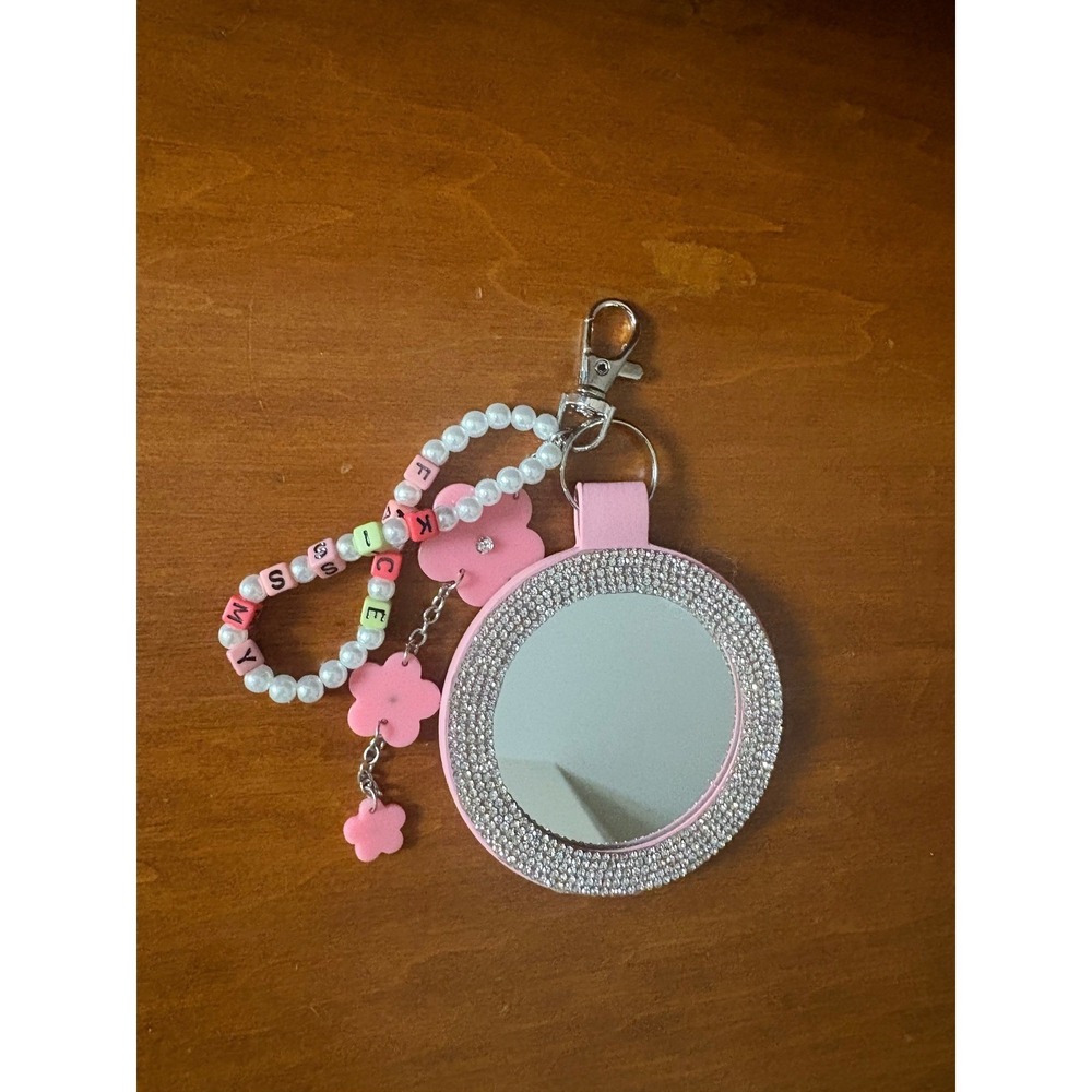 Pink Rhinestone Compact Mirror Keychain Kiss My Face‎ Beaded Wristlet Bag Charm